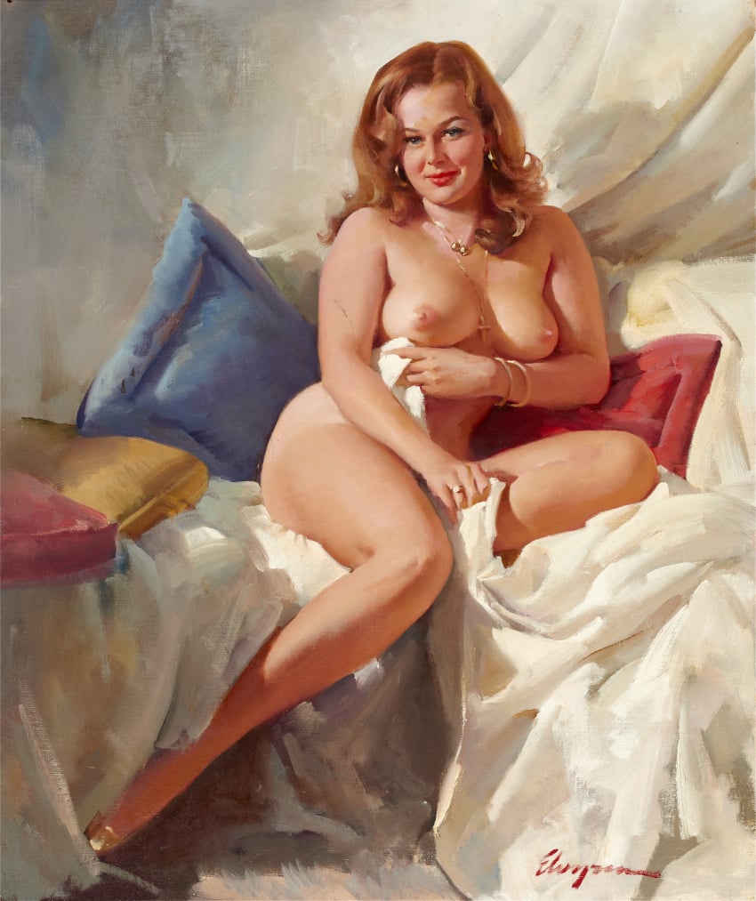 1girls 20th_century areolae big_breasts breasts brown_hair chubby chubby_female female female_only gil_elvgren jewelry looking_at_viewer nipples nude original painting_(artwork) pillow pinup pinup_girl portrait smile solo straight_hair thick_thighs traditional_media_(artwork) vintage