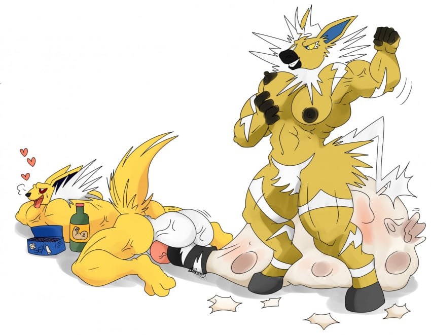 2boys balls fur furry fusion jolteon male male_only male_pregnancy mpreg muscular muscular_female muscular_male nelsonnoir penis_birth pokemon pokemon_bw pokemon_rgby pregnant pregnant_male red_eyes yellow_fur zebra zebstrika