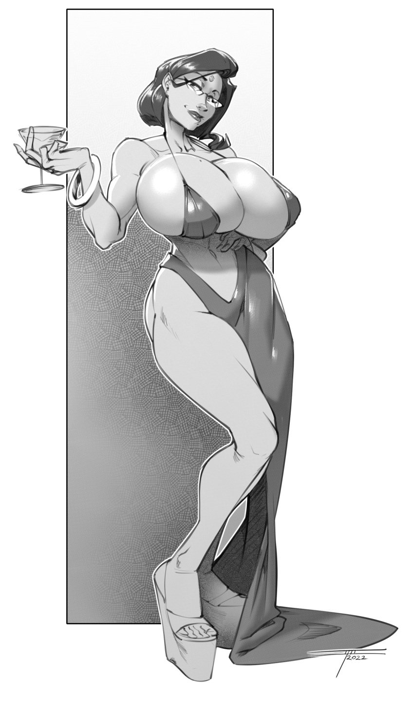 1girls barely_clothed covered_nipples daphne_dress exposed_belly exposed_thighs female final_fantasy final_fantasy_xiv forehead_jewel glasses greyscale high_heels huge_breasts lipstick looking_at_viewer milf monochrome original_character roegadyn short_hair soothing_ruby taboolicious