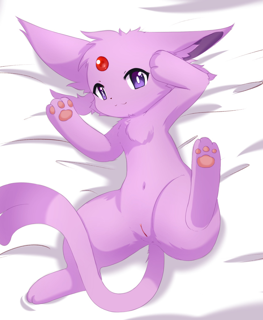 bed eeveelution espeon feral fur furniture genitals hi_res kryztar looking_at_viewer lying navel nintendo nude on_bed pawpads paws pink_body pink_fur pokémon_(species) pokemon purple_eyes pussy solo video_games