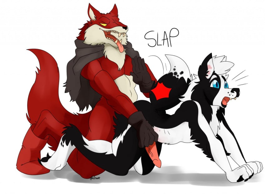 2boys anthro anthrofied basil_(dragon_ball) blue_eyes canine cape dragon_ball furry gay gloves male male_only nelsonnoir open_mouth original_character red_fur sharp_teeth tongue_out veiny_penis yaoi