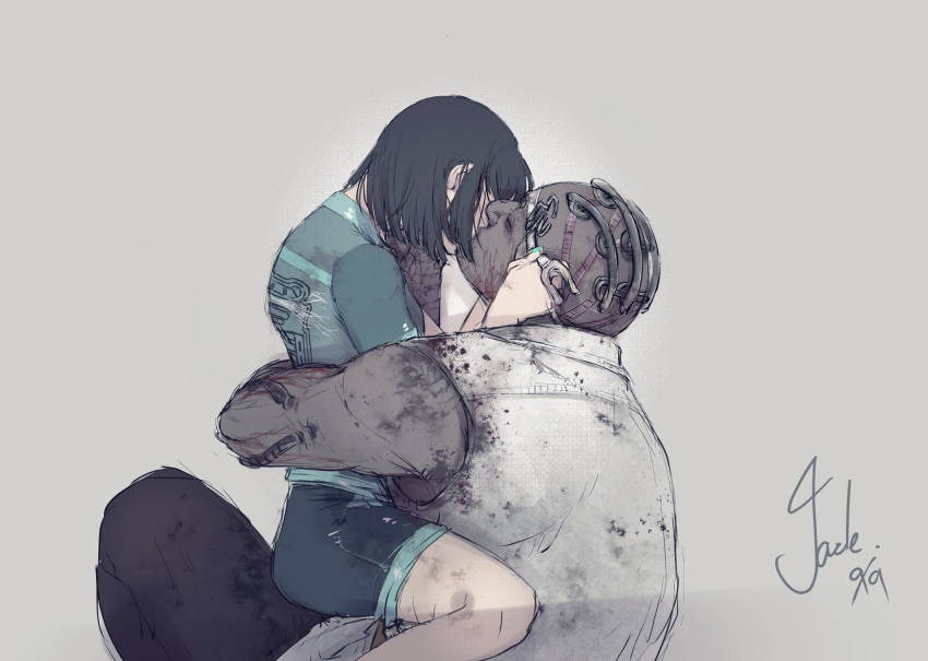 1boy 1girls black_hair clothing dark-skinned_male dbd dead_by_daylight doctor fanart female female_on_top feng_min herman_carter interracial jade_(pixiv) kissing male short_hair size_difference spread_legs the_doctor_(dead_by_daylight)