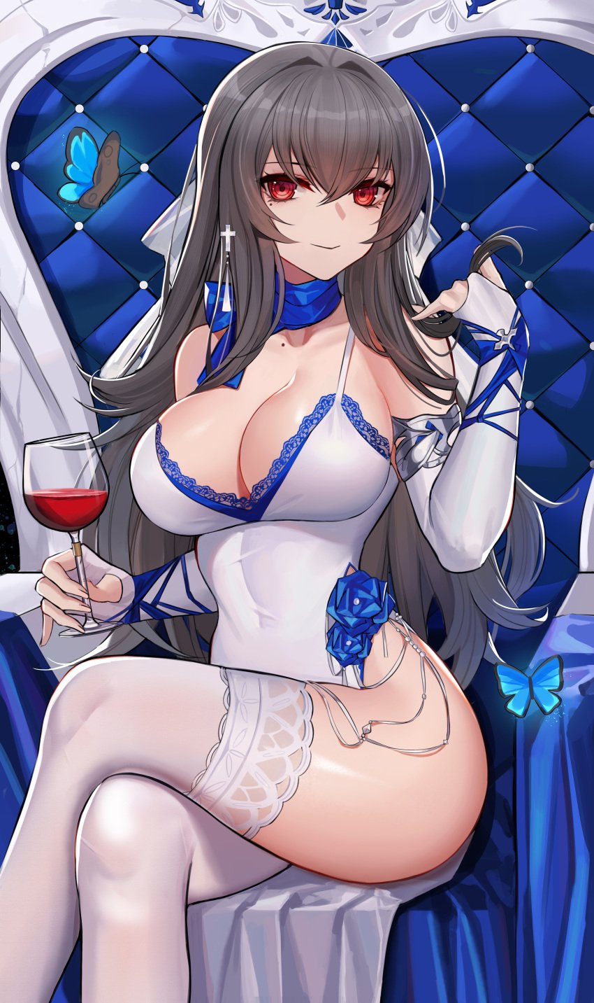 1girls absurdres alcohol armlet azur_lane bangs bare_shoulders black_hair blue_neckwear blue_ribbon blush breasts bridal_gauntlets bug butterfly cleavage closed_mouth collarbone covered_navel cross crossed_legs cup dress drinking_glass eternity_(shadeh) eyebrows_visible_through_hair highres holding holding_cup iris_libre_(azur_lane) large_breasts light-skinned_female light_skin long_hair looking_at_viewer mole mole_under_eye pelvic_curtain red_eyes ribbon ringed_eyes saint-louis_(azur_lane) saint-louis_(holy_knight's_resplendence)_(azur_lane) sitting sleeveless sleeveless_dress smile solo thighhighs thighs throne very_long_hair white_dress white_legwear wine wine_glass