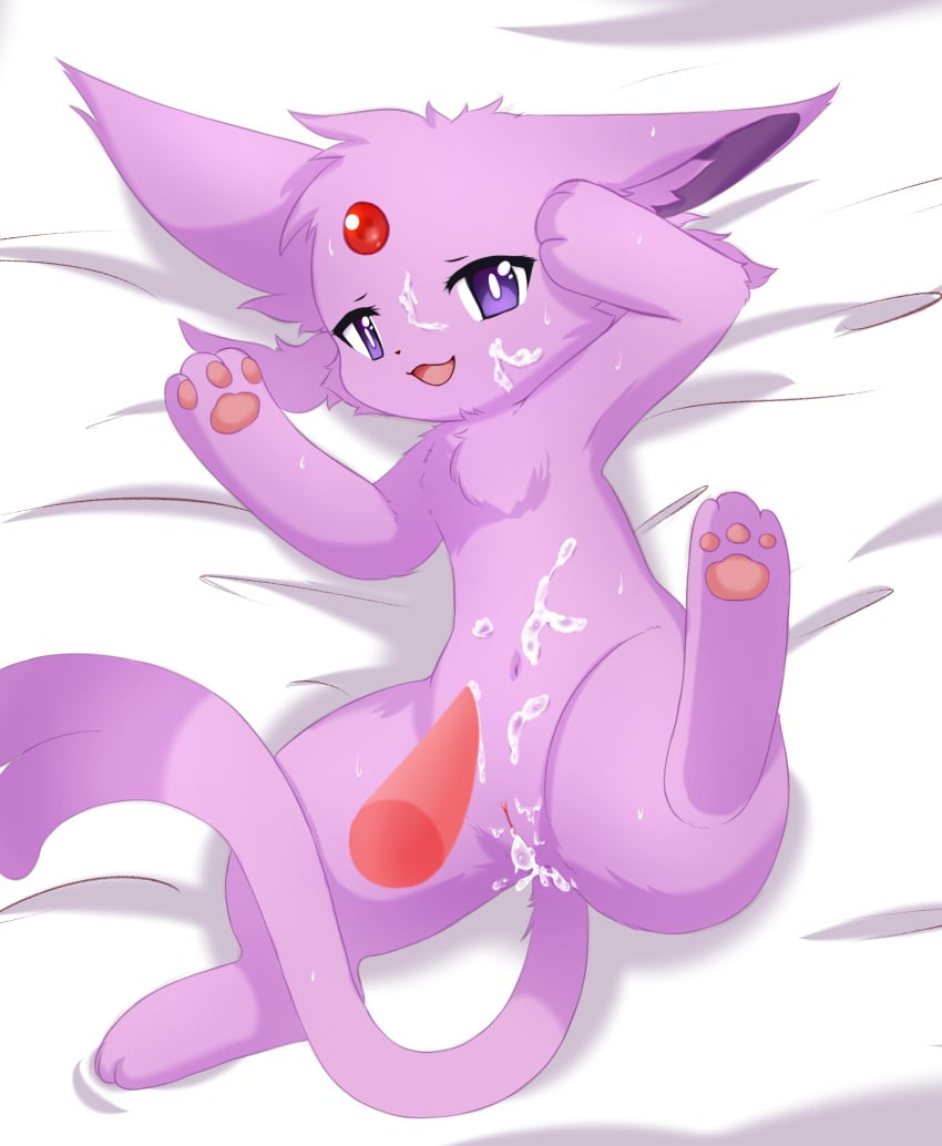 animal_genitalia animal_penis bed bodily_fluids cum cum_in_pussy cum_inside cum_on_body disembodied_penis duo eeveelution espeon female feral fur furniture genital_fluids genitals hi_res kryztar looking_at_viewer lying male navel nintendo nude on_bed pawpads paws penis pink_body pink_fur pokémon_(species) pokemon purple_eyes pussy video_games