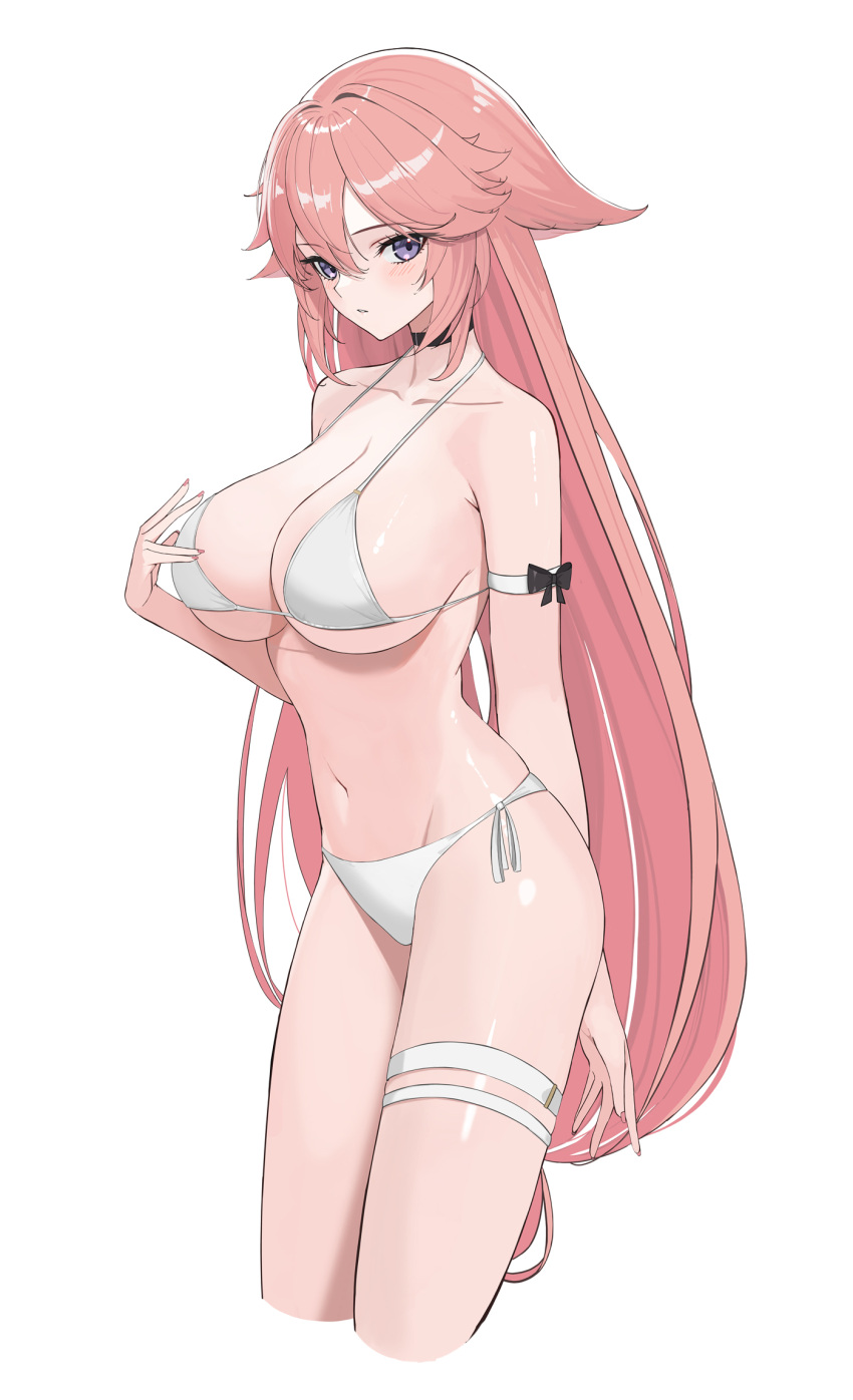 animal_ears arm_behind_back arm_strap bangs bikini black_bow black_choker bow breasts choker cropped_legs female fox_ears from_side genshin_impact hand_up highres large_breasts long_hair looking_at_viewer looking_to_the_side nail_polish navel parted_lips pink_hair pink_nails purple_eyes rella2930 rikui_(rella2930) side-tie_bikini sideboob sidelocks simple_background solo stomach swimsuit thigh_strap very_long_hair white_background white_bikini yae_miko