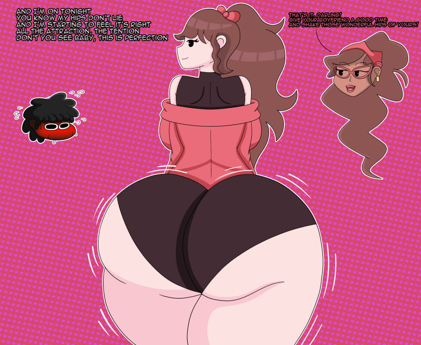 1boy 2girls ass background big_ass blush bow dark_skin earrings female female_only friday_night_funkin girlfriend_(friday_night_funkin) glasses hairband jamaicanhedgie08 long_hair lyrics_in_art marcy_dearest mother_and_daughter oc panties ponytail soft_gf suggestion sweat text thick_hips twerking underwear viewed_from_behind wide_eyed wide_hips