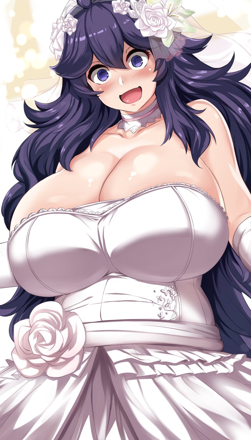 1girls 2020s 2022 adorable alternate_breast_size blush breasts bride cleavage collar cute eyelashes female female_only flower_in_hair game_freak happy hex_maniac hi_res huge_breasts long_hair maki_ikazuya massage messy_hair nintendo open_mouth pokemon pokemon_xy purple_eyes purple_hair smiling swirly_eyes the_good_ending wedding wedding_dress white_dress wholesome