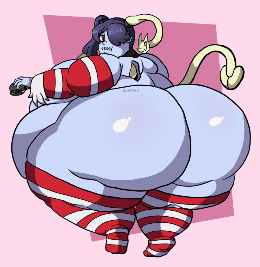 bbw burger dumptruck_ass fat fat_rolls holding_food leviathan_(skullgirls) massive_ass overweight overweight_female purple_hair purple_skin red_eyes roxas617 shiny_ass simple_background skullgirls squigly ssbbw stitched_mouth striped_legwear striped_sleeves striped_thighhighs zombie zombie_girl