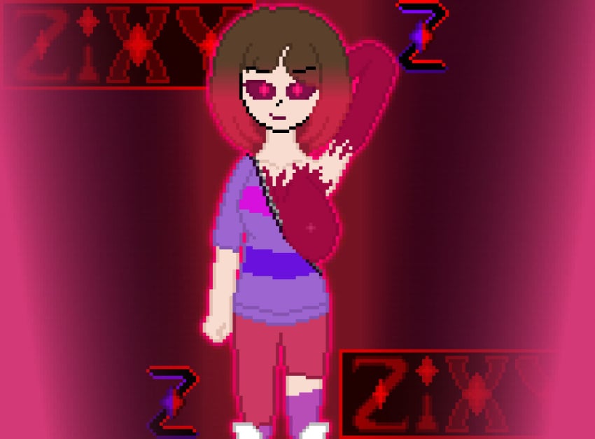 2d bete_noire big_breasts breasts_out brown_hair glitchtale illusion one_eye_closed pink_eyes pink_hair pink_highlights pixel_art self_upload undertale undertale_(series) undertale_au z!betty zixy