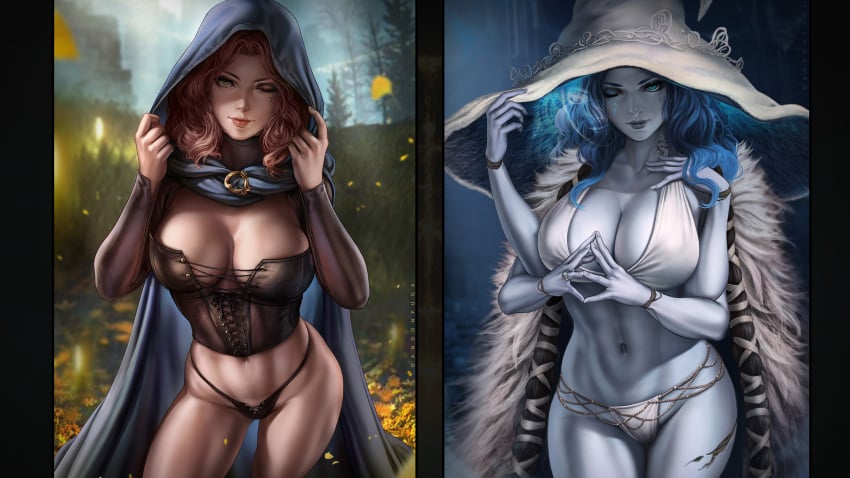 2girls 4_arms abs absurd_res absurdres arms_up auburn_hair bare_arms bare_skin bare_thighs big_breasts black_panties black_underwear blue_cloak blue_clothing blue_eyes blue_hair blue_hood blue_skin bodice bra breasts brown_bodice brown_clothes brown_clothing brown_eyes busty child_bearing_hips cleavage cloak clothed clothed_female clothing dandon_fuga elden_ring female female_focus female_only fit fit_female fromsoftware front_view high_resolution highres hips hood hood_up large_breasts light-skinned_female light_skin long_hair looking_at_viewer mage magic_user magical_girl melina_(elden_ring) multi_arm multi_limb navel one_eye_closed panties ranni_the_witch shoulder_length_hair smile standing stomach thick_hips thick_thighs thighs tipping_hat toned toned_body toned_female toned_stomach underwear very_high_resolution white_bra white_clothes white_clothing white_panties white_underwear wide_hips wizard_hat