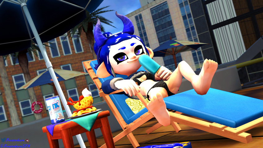 1girls 3d black_bikini black_bra black_panties blue_eyes blue_hair clothing dev_(freezerburn) feet food freezerburnsfm headgear ice_cream lawn_chair looking_at_viewer octoling octoling_girl popsicle revealing revealing_swimsuit sfm soda source_filmmaker splatoon splatoon_2 spread_legs spreading umbrella