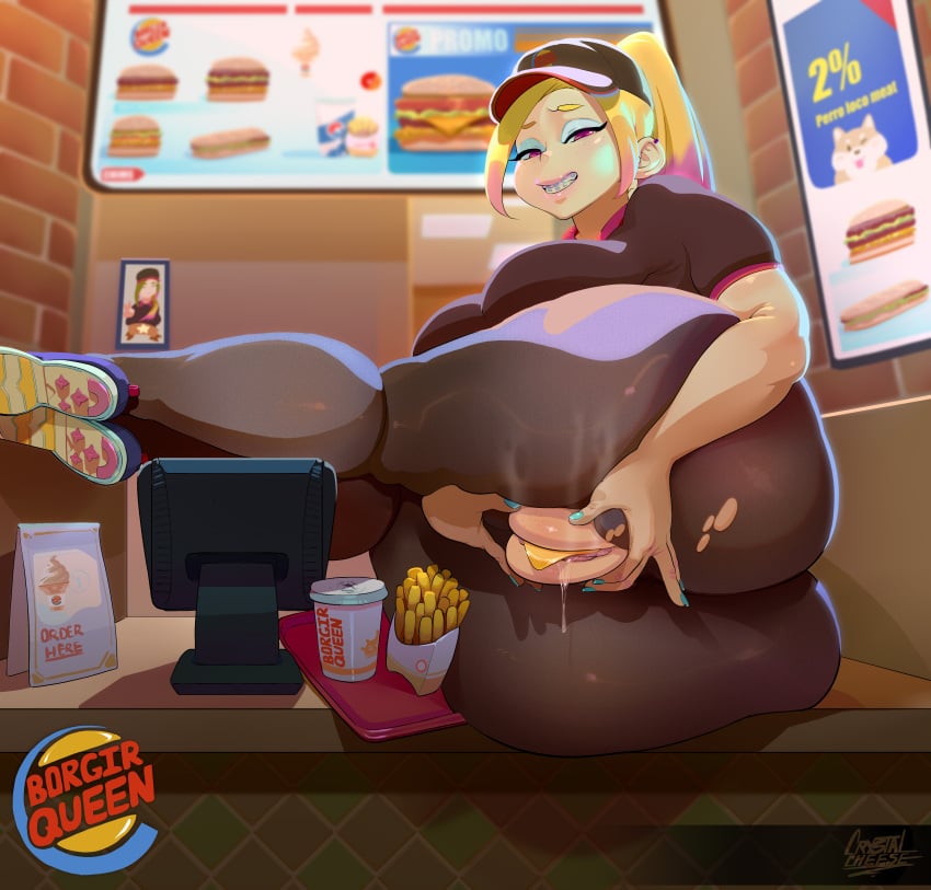 1girls absurdres ass big_ass big_breasts blonde_hair boob_burger braces breasts burger burger_king cheese crystalcheese fast_food fast_food_uniform female female_focus female_only food food_in_pussy food_play french_fries grabbing_pussy hamburger highres huge_ass large_breasts looking_at_viewer nail_polish pantyhose pink_eyes pussy pussy_burger sammy_(crystalcheese) shoes sneakers solo solo_female solo_focus steamy_pussy thick_thighs tight_clothing two_tone_hair uncensored vagina wide_hips your_order_is_ready_(meme)