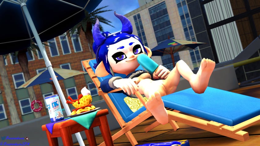 3d blue_eyes blue_hair breasts dev_(freezerburn) feet food freezerburnsfm headgear ice_cream lawn_chair looking_at_viewer nipples octoling octoling_girl popsicle revealing sfm soda source_filmmaker splatoon splatoon_2 spread_legs spreading vagina