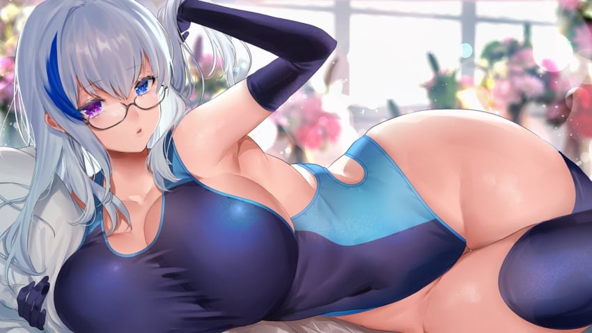 1girls 2019 arm_up armpits backlighting bangs bare_shoulders black-framed_eyewear black_gloves blue_eyes blue_hair blue_swimsuit blurry breasts cleavage collarbone competition_swimsuit covered_navel day depth_of_field elbow_gloves eyebrows_visible_through_hair female female_only flower glasses gloves groin hair_between_eyes heterochromia highres huge_breasts hyouka_(yashiro_sousaku) indoors lens_flare light-skinned_female light_particles light_skin long_hair looking_at_viewer lying mimoza_(96mimo414) multicolored_hair on_side one-piece_swimsuit original parted_lips pillow purple_eyes semi-rimless_eyewear sidelocks solo swimsuit thighs two-tone_hair white_hair window