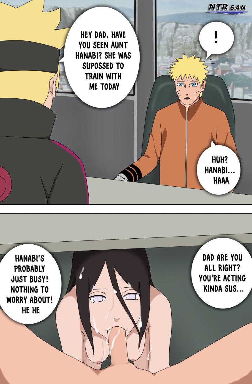 aunt_and_nephew blowjob boruto:_naruto_next_generations brother_in_law_and_sister_in_law cheating_husband dialogue father_and_son fellatio female hyuuga_hanabi male naruto naruto_(series) netorare ntr ntrsan_(artist) oral_sex penis under_the_table uzumaki_boruto uzumaki_naruto