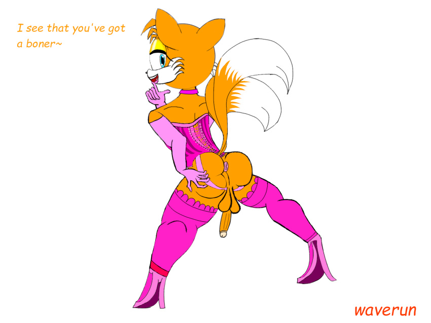 2_tails backsack balls blue_eyes choker corset eyelashes eyeshadow fox fox_boy high_heels looking_at_viewer multi_tail opera_gloves orange_fur panties_aside penis_out pink_choker pink_corset pink_gloves pink_high_heels pink_lipstick pink_panties pink_thighhighs sega sonic_(series) tails thighhighs waverun white_fur