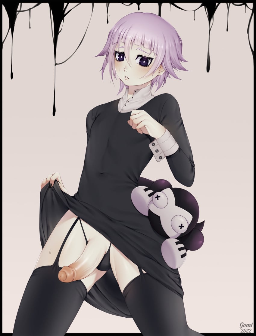 1boy 2022 androgynous black_eyes black_nails crona_(soul_eater) cute_eyes cute_face erect_penis erection femboy feminine_male gomi-cake goth highres pale-skinned_male pale_skin penis pink_hair ragnarok_(demon_sword) solo soul_eater tanga uncensored unretracted_foreskin