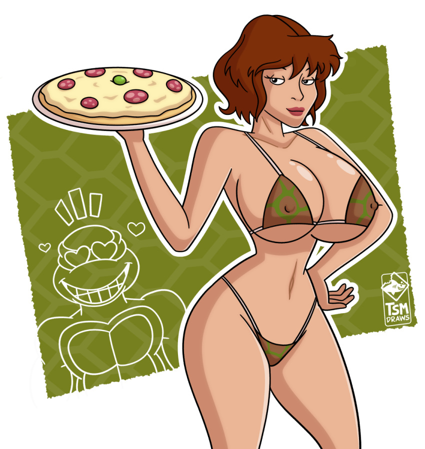 1girls alternate_version_available april_o'neil april_o'neil_(tmnt_1987) big_breasts bikini female female_only huge_breasts lizardsharkragon male pizza sharkzym solo teenage_mutant_ninja_turtles text thesharkmaster tsmdraws