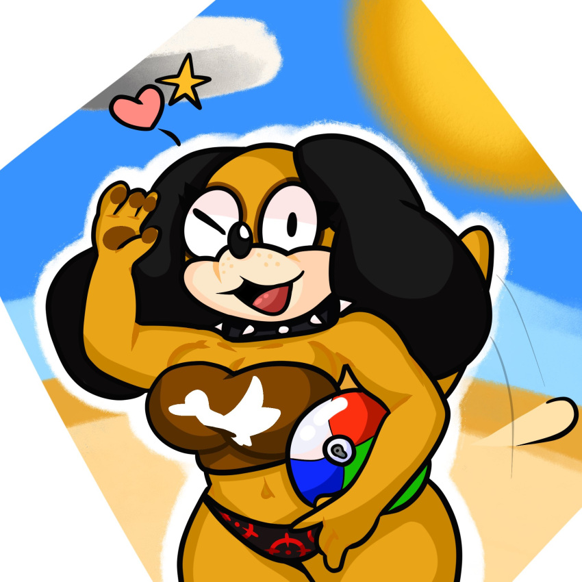 beach beach_ball big_breasts big_thighs breasts canine clothing collar domestic_dog duck_hunt duck_hunt_dog female huntress_(lewdewott) lewdewott long_ears mammal nintendo one_eye_closed open_mouth rule_63 tailwag tongue video_games