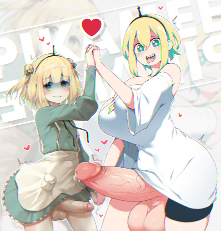 2022 2futas amano_pikamee balls blonde_hair bottomless breast_size_difference breasts clothed clothing duo erection flat_chest futa_only futanari green_eyes handholding heart height_difference hi_res huge_breasts huge_cock human leaking_precum light-skinned_futanari light_skin mostly_clothed naughty_face nervous_smile penis penis_size_difference pointy_teeth precum selfcest sinensian size_difference small_breasts standing uncensored veiny_penis virtual_youtuber voms_project