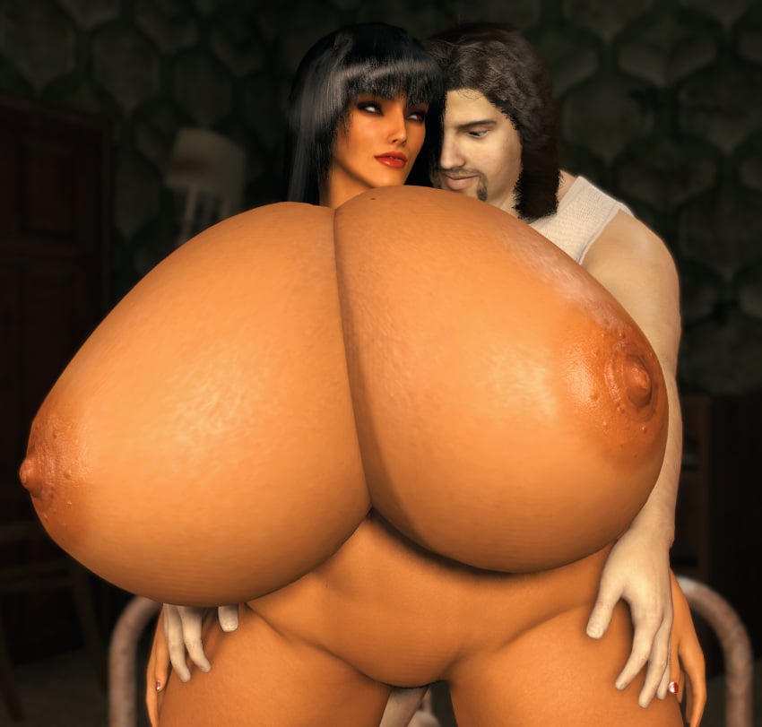 1boy 1girls 3d 3d_(artwork) areolae big_breasts black_hair breasts breasts_bigger_than_body breasts_bigger_than_head breasts_in_face doggy_style face_in_pillow female from_behind gigantic_breasts hands_on_hips huge_breasts hyper hyper_breasts jamila large_areolae large_breasts light-skinned_male light_skin male massive_breasts milf nipples ocelotte penetration penis pussy red_eyes red_lipstick riding sex tagme tan_skin