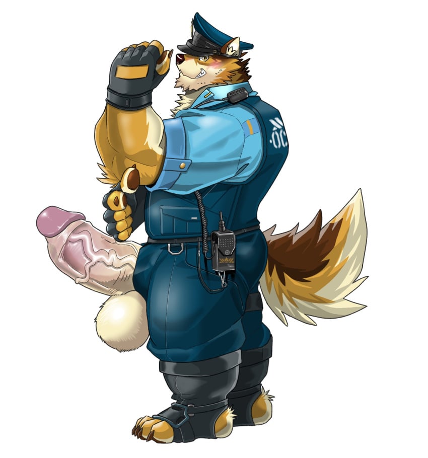 anthro balls barrel_(live-a-hero) big_balls big_penis blush canid canine canis chan_kiti_chan_(artist) clothing fingerless_gloves furgonomic_footwear furgonomics genitals gloves handwear hi_res huge_balls huge_cock hyper hyper_balls hyper_genitalia hyper_penis lifewonders live-a-hero male male_only mammal muscular muscular_anthro muscular_male penis police police_officer police_uniform solo uniform vein veiny_penis video_games wolf