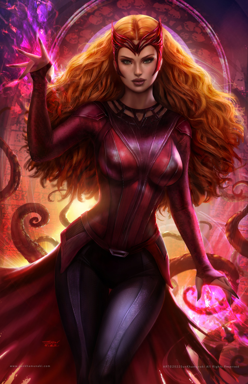 1girls avengers circlet female female_only freckles green_eyes magic magical_girl marvel scarlet_witch solo solo_female sun_khamunaki wanda_maximoff witch