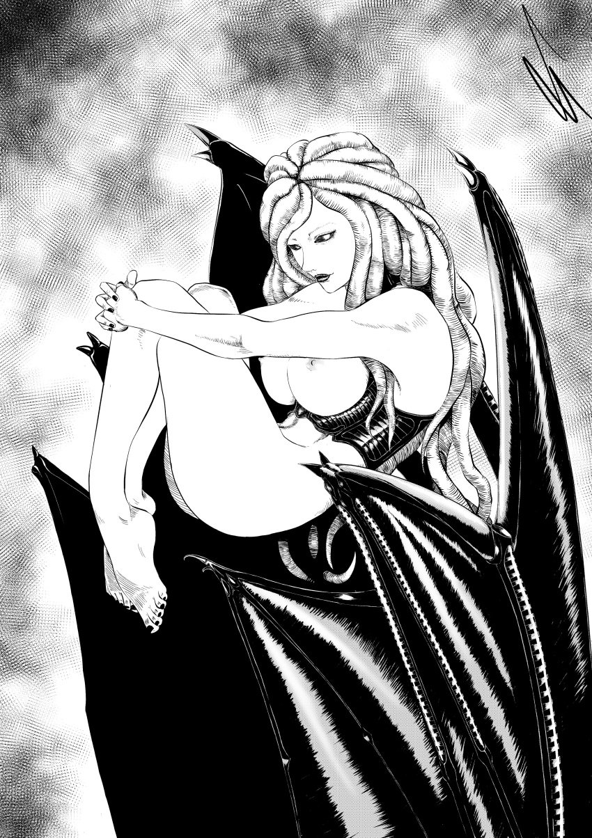 1girls anemounicorn1 berserk breasts demon demon_girl feet female female_only humanoid large_breasts long_hair monochrome nipples nude nude_female slan solo villainess white_skin wings