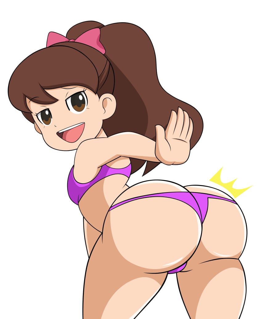 1girls ass_cleavage ass_focus bedroom_eyes bent_over big_ass bikini brown_eyes brown_hair butt_crack clothed_female eyebrows_visible_through_hair grimphantom hair_ribbon hi_res katie_forester kodama_fumika long_hair looking_back naughty_face open_mouth purple_bikini rear_view simple_background slapping_butt small_breasts solo solo_female solo_focus tight_clothing yo-kai_watch