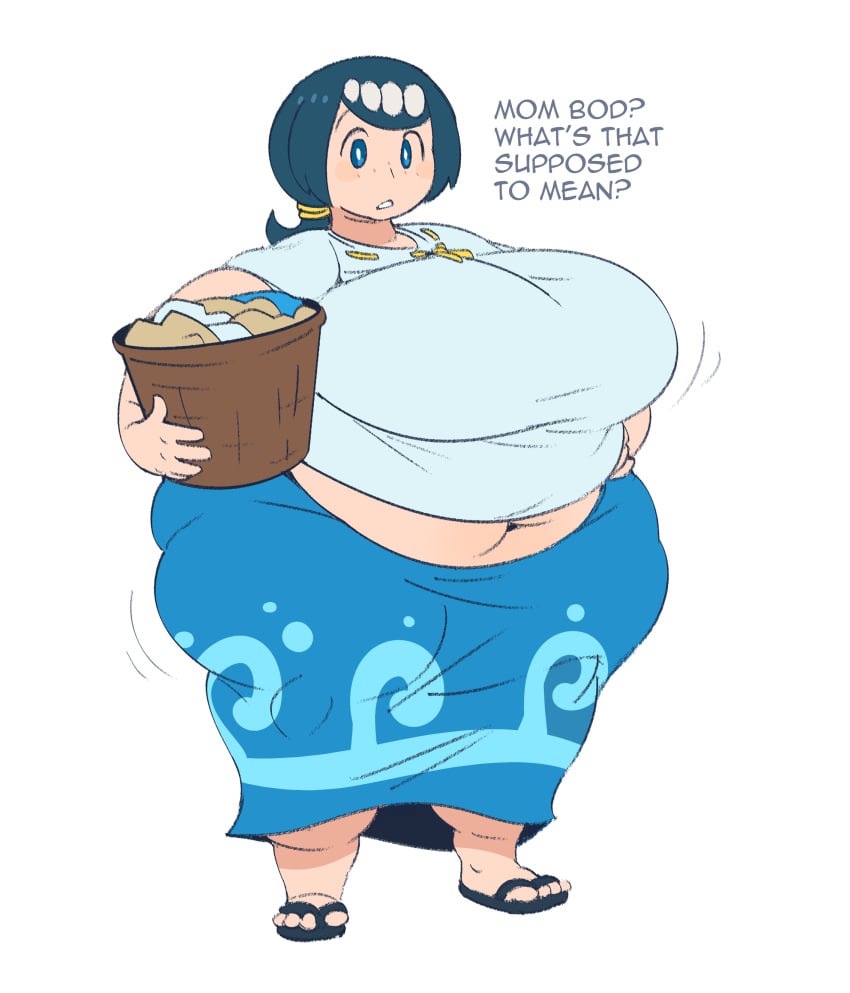 1girls asking bbw belly big_breasts big_hips black_footwear blue_eyes blue_hair blue_skirt dark_blue_hair dress fat flip_flops game_freak hourglass hourglass_figure jiggle jiggling jiggling_ass jiggling_breasts lana's_mother_(pokemon) laundry_basket looking_at_viewer milf mintrimo mob_face mother nintendo obese overweight pale-skinned_female pale_skin pokemon pokemon_sm ponytail question questioning sandals side_ponytail skirt ssbbw staring_at_viewer swaying swaying_breasts talking_to_viewer thunder_thighs white_background white_shirt