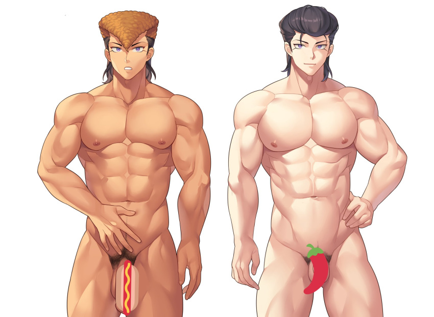 2boys bara big_pecs black_hair brothers brown_hair censored completely_nude daiya_oowada danganronpa danganronpa:_trigger_happy_havoc etap hand_on_hip happy_trail light_skin looking_at_viewer male male_only male_pubic_hair mondo_oowada muscular muscular_male nude pecs pompadour pubic_hair purple_eyes siblings smile tan_skin two_tone_hair