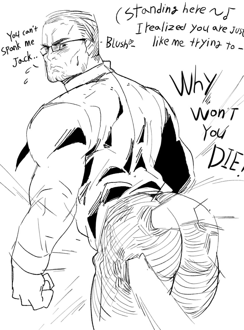 2boys ass big_ass clothed dialogue funny glasses looking_back male male_only meme metal_gear_rising metal_gear_rising:_revengeance offscreen_character raiden_(metal_gear) rear_view ripped_clothing senator_armstrong sketch spanking yaoi