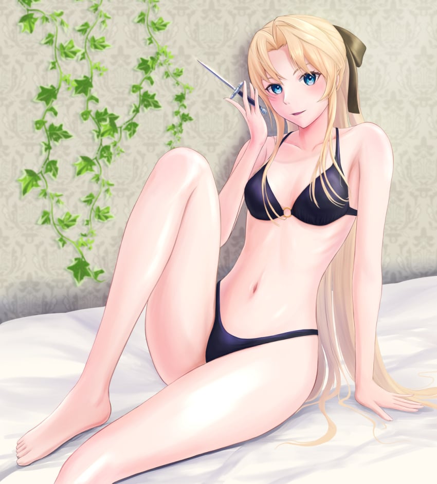 1girls artist_request azur_lane bikini bikini_bottom bikini_top blonde_hair blue_eyes blush blushing bow breasts cleavage dagger hair_over_breasts long_hair long_legs looking_at_viewer medium_breasts navel on_bed open_mouth pale-skinned_female pale_skin sitting solo solo_female solo_focus vanguard_(azur_lane)