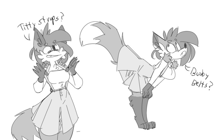 1girls anthro bending_over bent_over big_breasts breasts_between_suspenders dress fully_clothed fur furry greyscale hands_on_knees monochrome nonude pepper_(sketchytoasty) sketch sketchytoasty skirt suspenders suspenders_pull tail tail_up