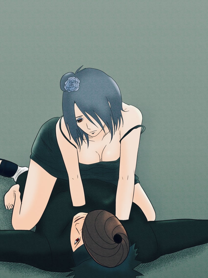 1boy1girl bare_legs barefoot blue_hair breasts cowgirl_position dress flower hair_bun hair_flower hair_ornament hair_over_one_eye hena2727 highres implied_sex konan labret_piercing large_breasts looking_at_another lying_on_person makeup male/female mask mask_on_head naruto naruto_(series) naruto_shippuden no_bra no_shoes off_shoulder on_person on_top orange_eyes red_eyes sharingan short_hair straight strap_slip tobi uchiha_obito