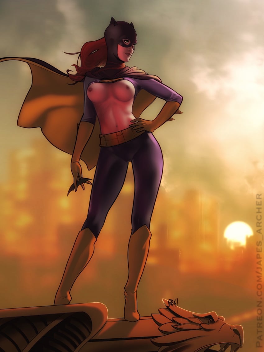 barbara_gordon batgirl batman_(series) blurred_background blurry_background breasts breasts_out cityscape dc dc_comics gargoyle japes outdoors pinup sunrise superheroine