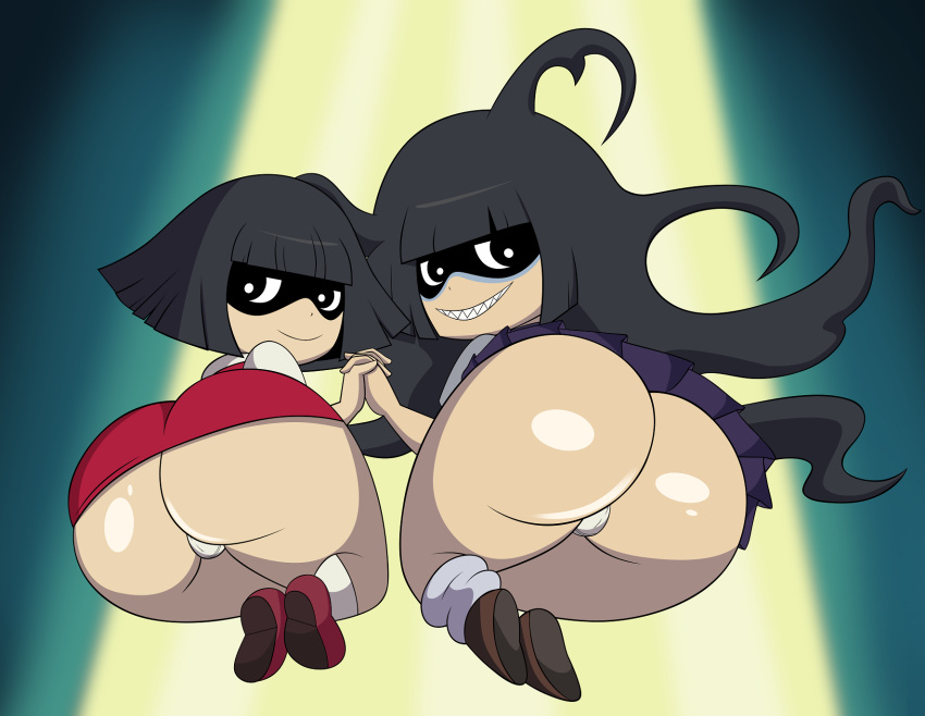 2girls abstract_background ass_focus big_ass big_butt black_eyes black_hair clothed clothed_female female foiletta grimphantom hanako-san hanako-san_(youkai_watch) holding_hands huge_ass huge_butt level-5 light-skinned_female light_skin long_hair looking_at_viewer looking_back multiple_girls naughty_smile noroino_hanako panties rear_view school_uniform schoolgirl short_hair short_skirt sisters toiletta upskirt yo-kai_watch yo-kai_watch_2 youkai youkai_watch yōkai