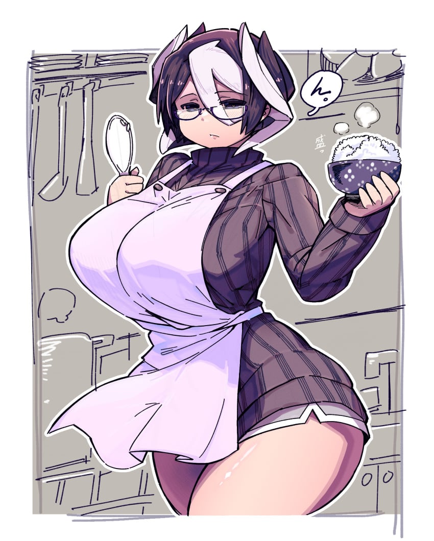 alternate_costume apron big_breasts black_and_white_hair blush curvy expressionless female female_only food fully_clothed glasses hair_between_eyes hourglass_figure housewife huge_breasts kingofbandit156 kitchen looking_at_viewer made_in_abyss mature_female ozen ribbed_sweater short_hair short_shorts shorts solo sweater thick_thighs thin_waist turtleneck turtleneck_sweater two_tone_hair wide_hips