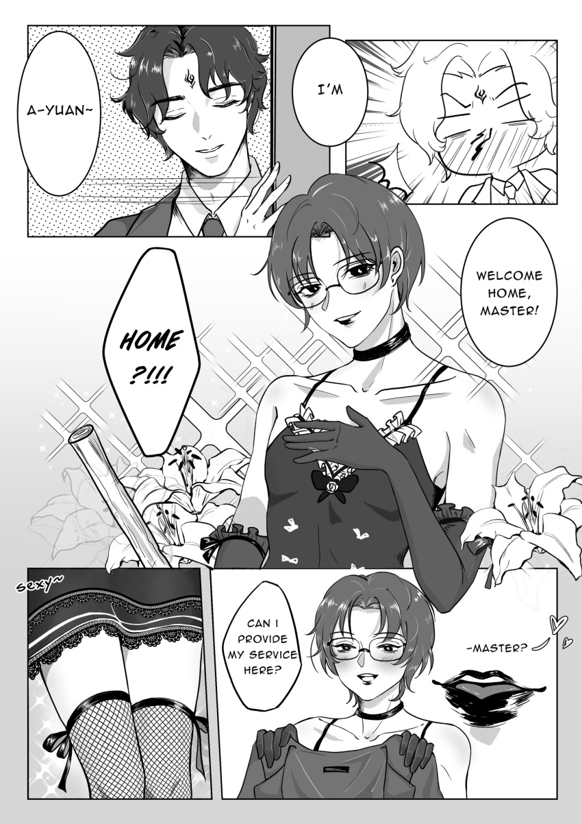 bishonen canon_couple comic_page crossdressing dialogue english_text everlynx femboy gay glasses lipstick luo_binghe maid_uniform makeup male_in_lingerie male_only monochrome nosebleed shen_qingqiu stockings submissive_male the_scum_villain's_self-saving_system thighhighs thighs twink yaoi