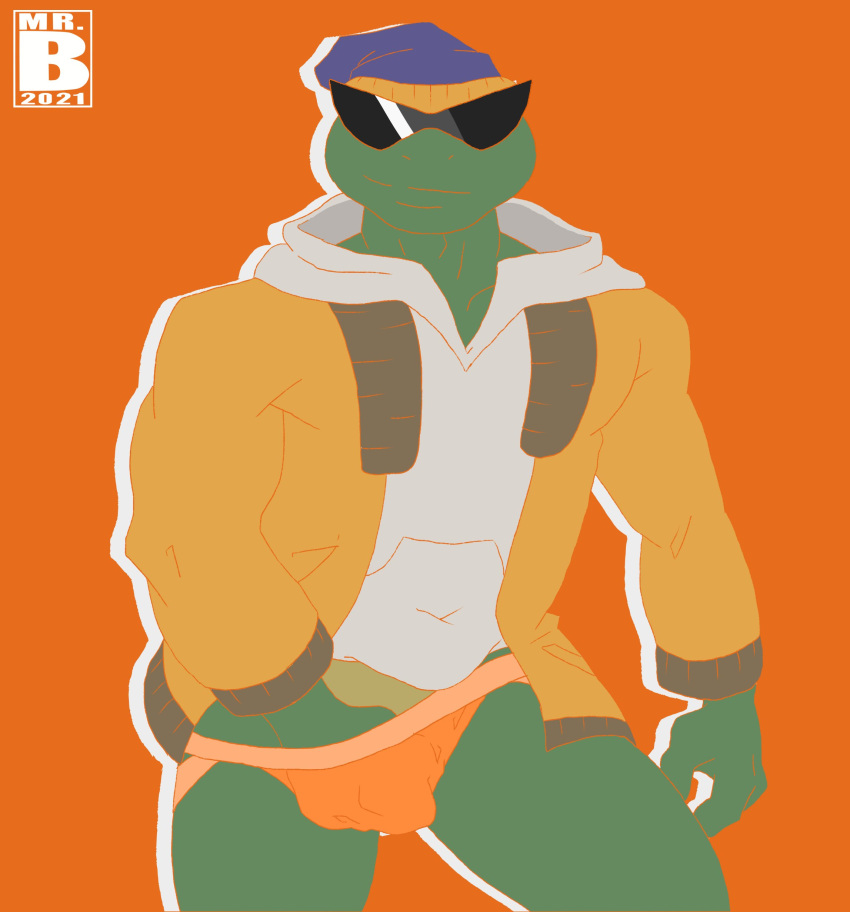 1boy 4kids_entertainment anthro beanie black_sunglasses bulge clothing glasses_shine grabbing_penis grope hi_res jacket jockstrap male male_only masturbation michelangelo michelangelo_(2003) michelangelo_(tmnt) mr._brapion muscular orange_jockstrap penile_masturbation pinup pose purple_beanie reptile scalie solo sunglasses sweater teenage_mutant_ninja_turtles teenage_mutant_ninja_turtles_(2003) tmnt tmnt_2003 turtle underwear white_sweater yellow_jacket_(clothing)