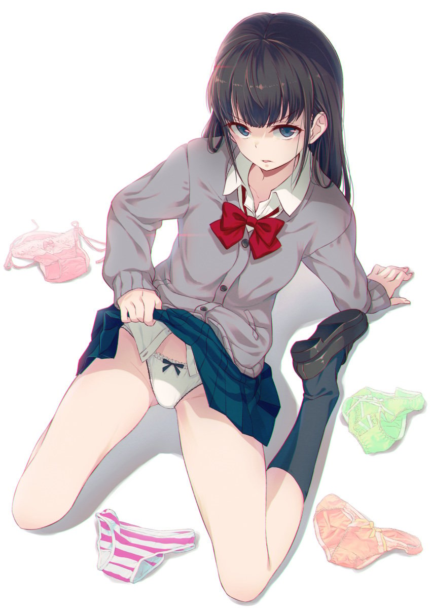 1girls 40hara angry arm_support bangs black_bow black_footwear black_hair black_legwear blue_eyes blue_skirt bow bow_panties bowtie breasts cardigan clothes_lift collared_shirt dress_shirt eyebrows_visible_through_hair frilled_panties frills full_body gesugao glaring green_panties grey_cardigan highres iya_na_kao_sare_nagara_opantsu_misete_moraitai jitome kneehighs kneeling lifted_by_self loafers long_hair long_legs long_sleeves looking_at_viewer multiple_panties orange_panties original panties parted_lips pink_panties pleated_skirt pocket red_bow red_bowtie school_uniform shaded_face shadow shirt shoes side-tie_panties simple_background skirt skirt_lift sleeves_past_wrists small_breasts solo straight_hair striped striped_panties thighs underwear white_background white_panties white_shirt