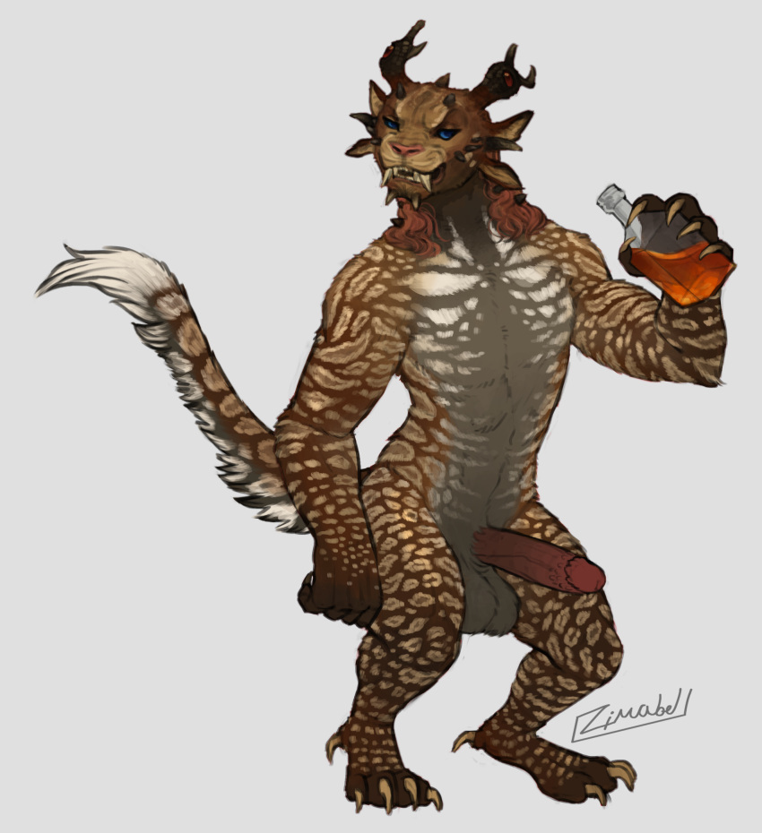 2022 4_ears 4_horns anthro balls big_balls big_penis biped blue_eyes bottle brown_body brown_fur charr claws dewclaw digital_media_(artwork) fangs felid finger_claws flat_chested fur futanari genitals grey_body grey_fur guild_wars gynomorph hair hi_res holding_bottle holding_object horn humanoid_genitalia humanoid_penis intersex mammal multi_ear multi_horn penis red_hair simple_background solo toe_claws video_games white_background white_body white_fur zimabel