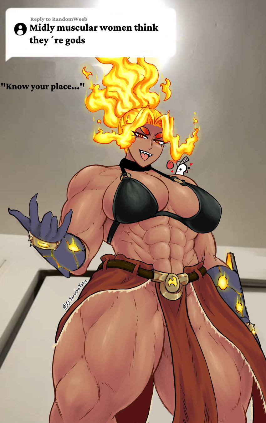 abs breasts dark-skinned_female dark_skin eljarochofeliz flaming_hair gloves know_your_place looking_at_viewer looking_down mildly_muscular_woman muscles muscular muscular_female muscular_thighs orange_eyes orange_hair thick_thighs titania_(eljarochofeliz)