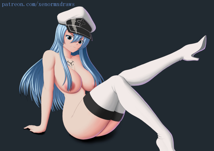 1girls akame_ga_kill! areolae bangs blue_eyelashes erect_nipples esdeath_(akame_ga_kill!) hair_between_eyes hi_res huge_breasts human large_breasts legs looking_at_viewer military_hat nude peaked_cap thigh_boots thighs thighs_together white_thigh_boots xenormxdraws