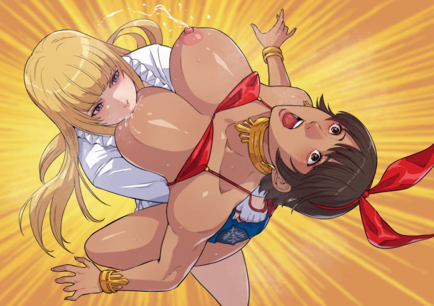 2girls absurdres bearhug blonde_hair blue_eyes blunt_bangs bow bracelet breast_sucking breasts brown_eyes catfight cirenk cling dark-skinned_female dark_skin emilie_de_rochefort female female_only filipina filipino_female fingerless_gloves gloves hairbow head_back highres interracial interracial_yuri jewelry josie_rizal lactation large_breasts multiple_girls open_mouth sweat tekken tekken_7 toned yuri