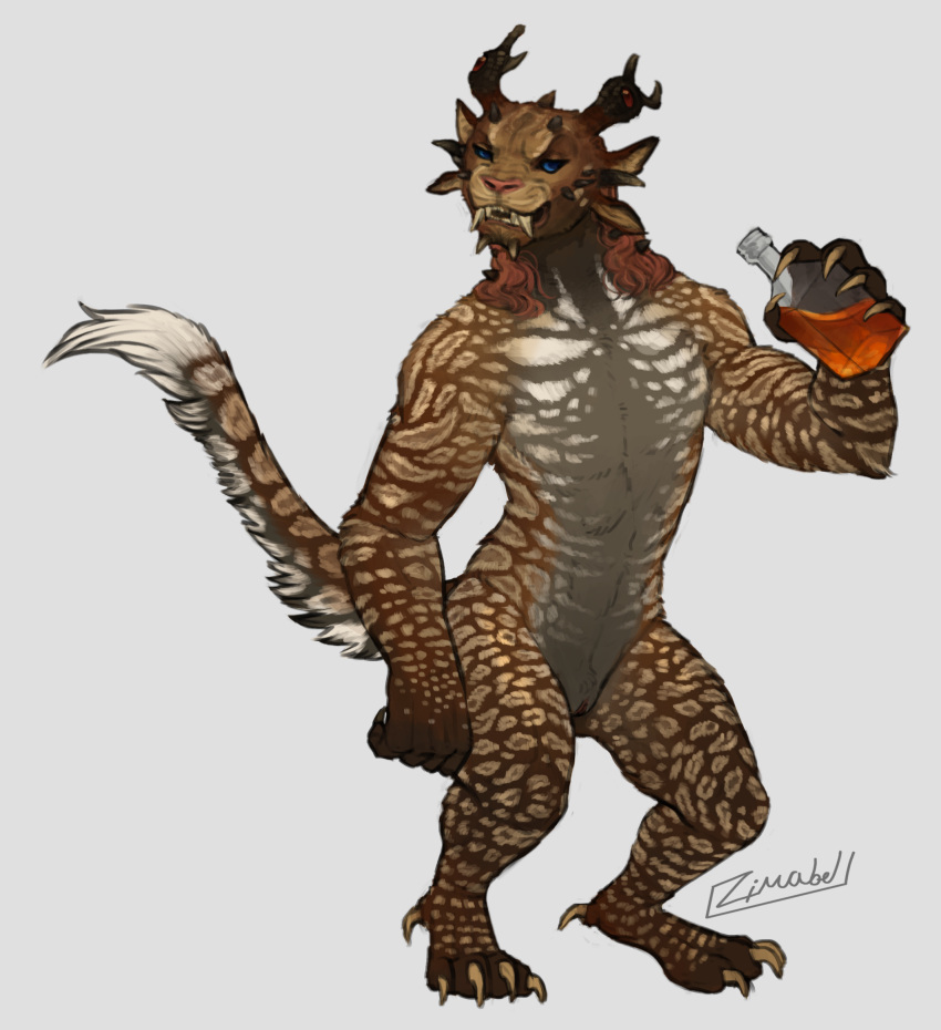 2022 4_ears 4_horns biped blue_eyes bottle brown_body brown_fur charr claws dewclaw digital_media_(artwork) fangs felid female finger_claws flat_chested fur furry furry_only genitals grey_body grey_fur guild_wars hair hi_res holding_bottle holding_object horn mammal multi_ear multi_horn pussy red_hair simple_background solo standing tail toe_claws video_games white_background white_body white_fur zimabel