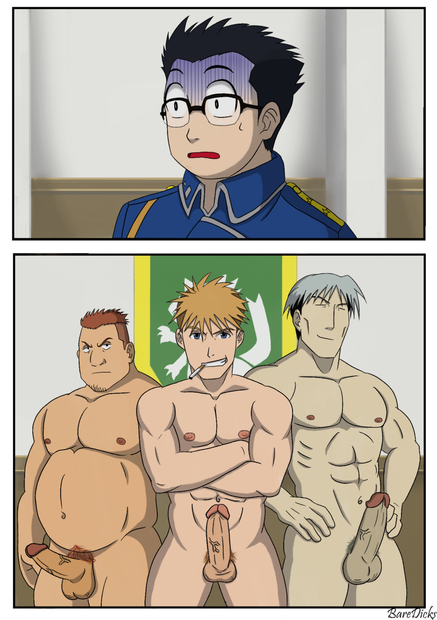 baredicks big_balls big_penis comic fat fat_man fullmetal_alchemist gay glasses group heymans_breda jean_havoc kain_fuery male male/male/male male_only muscles muscular muscular_male threesome vato_falman veiny_penis