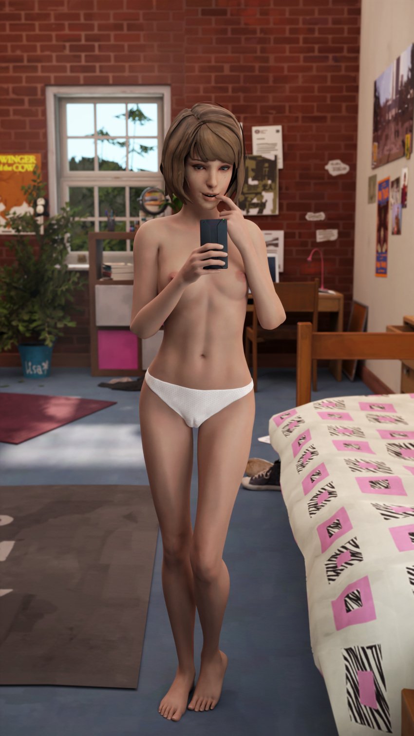 1girls 3d bedroom blue_eyes brown_hair cameltoe cellphone dat_pussy female female_only finger_in_mouth finger_to_mouth freckles fringe ginger koomer life_is_strange light-skinned_female max's_dorm_room max_caulfield medium_breasts medium_hair mirror mirror_selfie panties panties_only petite pussy seductive_look selfie skinny solo solo_female square_enix teenager topless topless_female underwear white_panties