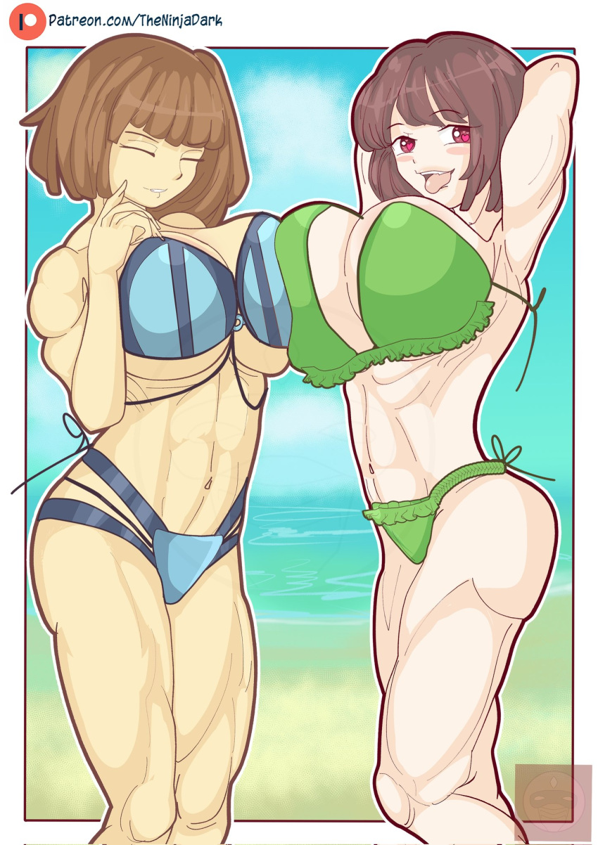 2022 2d 2girls brown_hair chara female female_only frisk hairless_armpits heart-shaped_pupils huge_breasts human multiple_girls muscular_female red_eyes rosy_cheeks tagme theninjadark undertale undertale_(series)