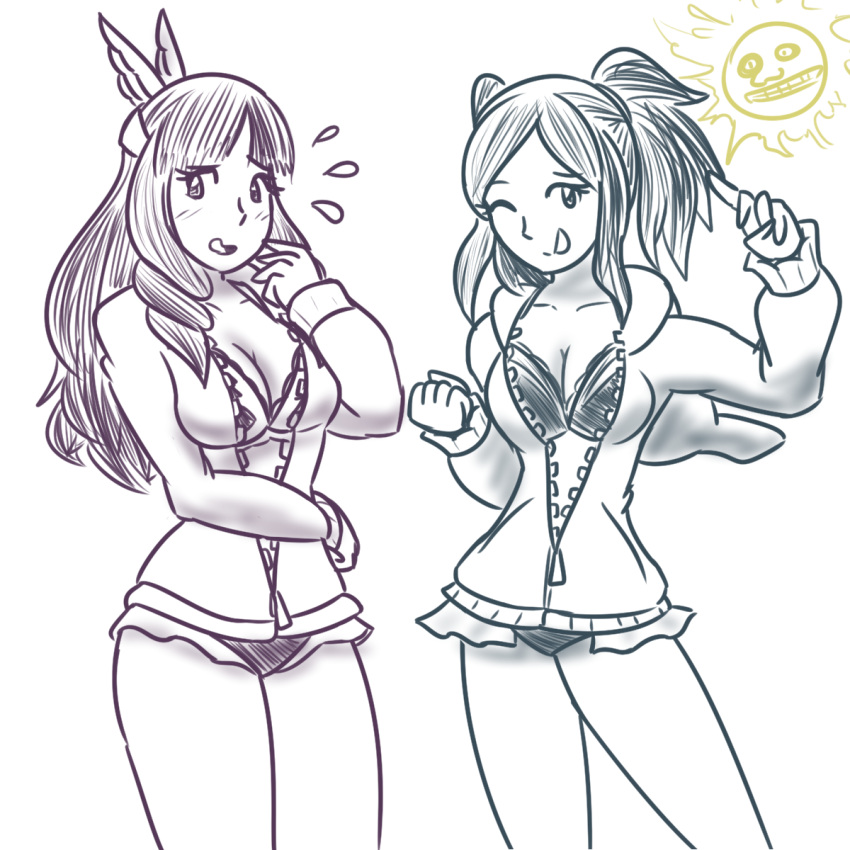 2girls alternate_costume angry_sun bikini cynthia_(fire_emblem) female fire_emblem fire_emblem_awakening jdandjc mario_(series) mother_and_daughter nintendo sumia_(fire_emblem) sweatdrop swim_jacket swimsuit unzipped wink zipper